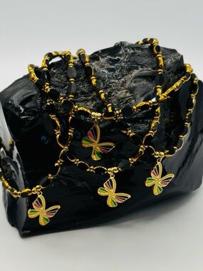 *ANKLET* Rainbow Butterfly with Black Glass Stretchy Anklet
